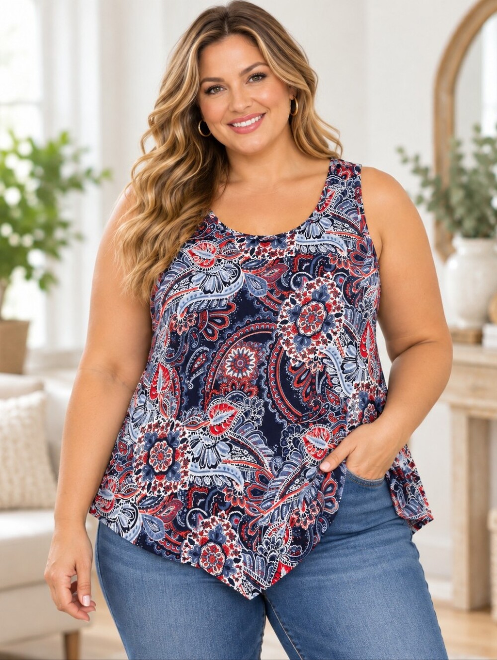 Women’s 2X Navy Red Paisley Criss Cross Back Handkerchief Hem Tank Top